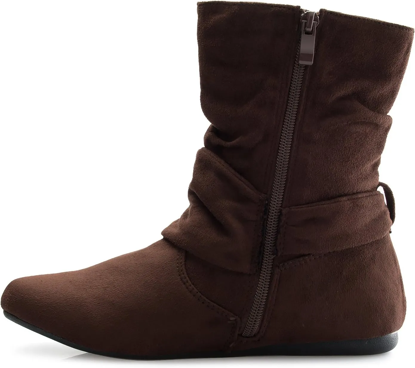 Womens Low Heel Slouch Suede Slip On Casual Ankle Boots with Ring Buckle and Side Zipper