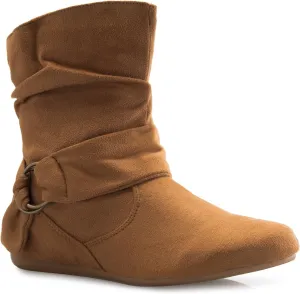Womens Low Heel Slouch Suede Slip On Casual Ankle Boots with Ring Buckle and Side Zipper