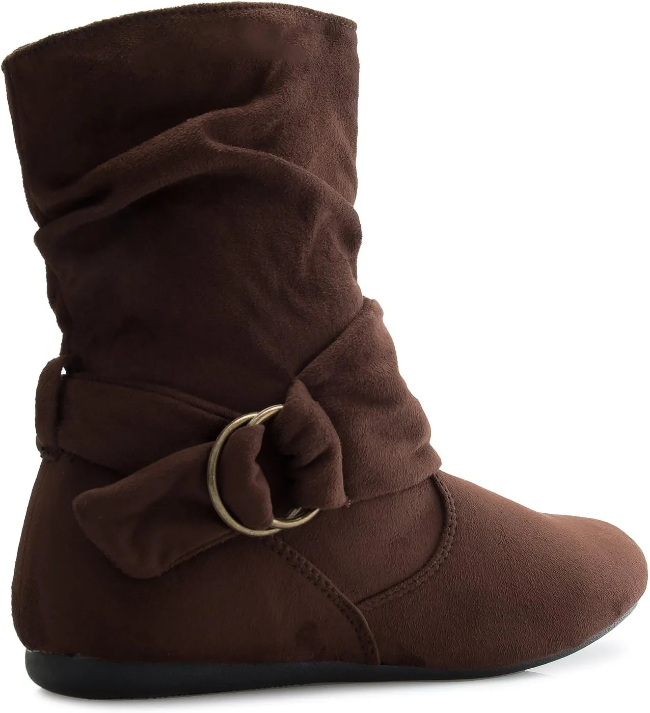 Womens Low Heel Slouch Suede Slip On Casual Ankle Boots with Ring Buckle and Side Zipper
