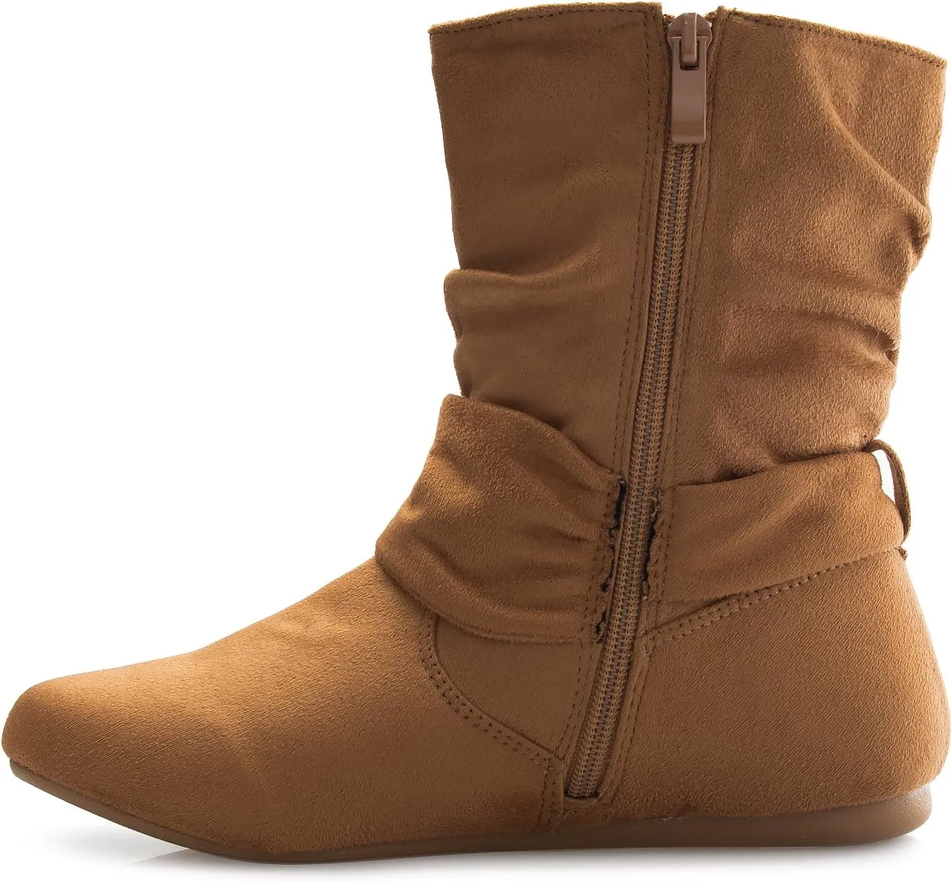 Womens Low Heel Slouch Suede Slip On Casual Ankle Boots with Ring Buckle and Side Zipper