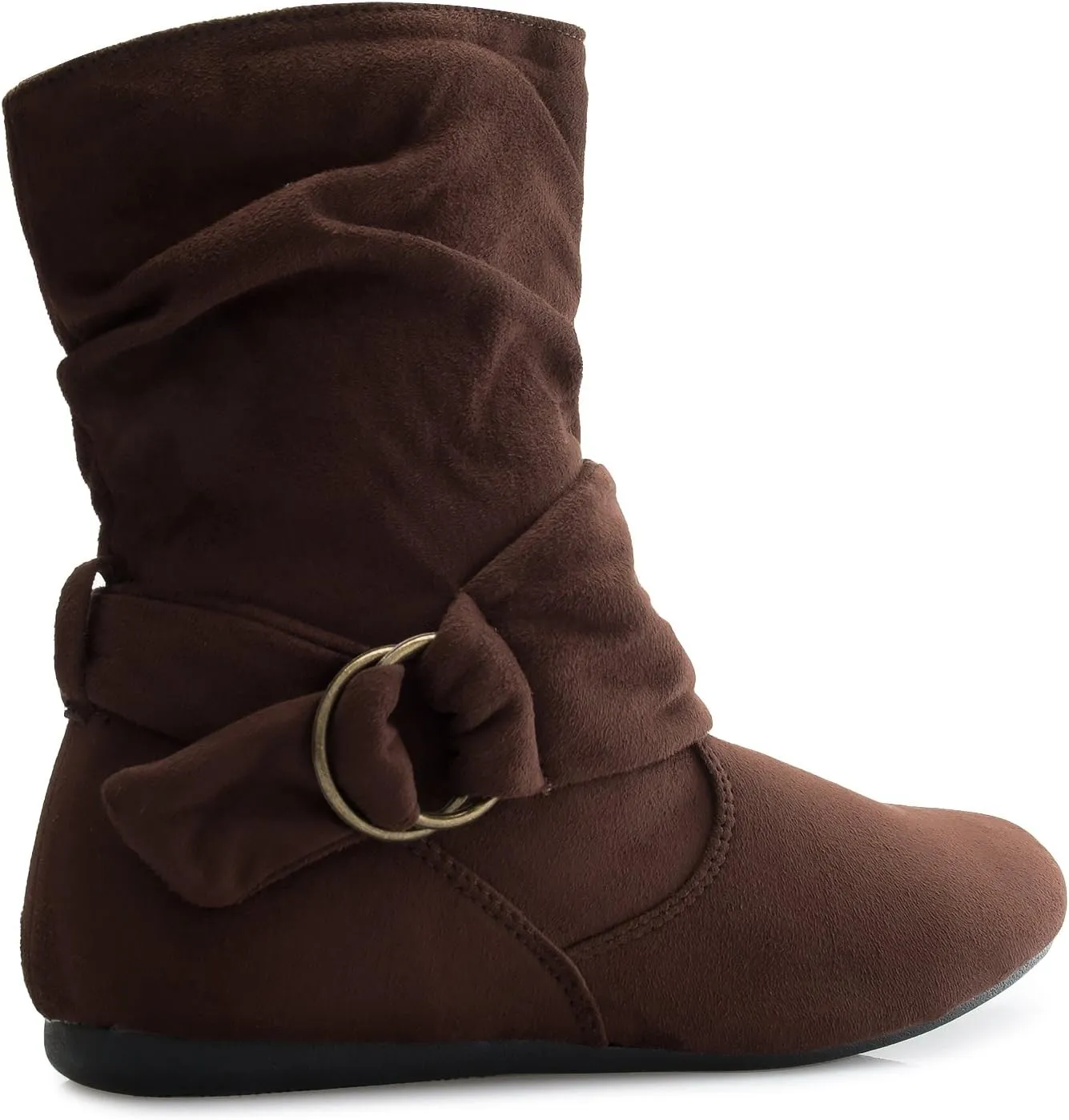Womens Low Heel Slouch Suede Slip On Casual Ankle Boots with Ring Buckle and Side Zipper