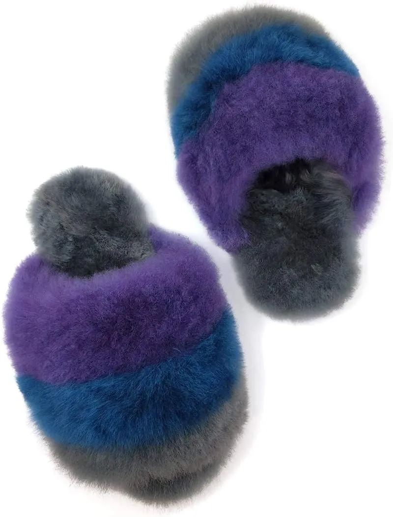 Women's Luxury 100% Baby Alpaca Fur Slippers, Striped, Open-Toe House Shoes