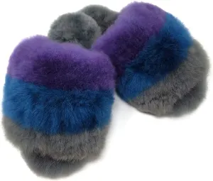 Women's Luxury 100% Baby Alpaca Fur Slippers, Striped, Open-Toe House Shoes
