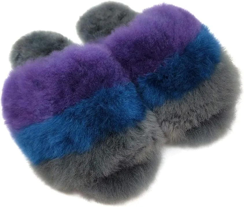 Women's Luxury 100% Baby Alpaca Fur Slippers, Striped, Open-Toe House Shoes