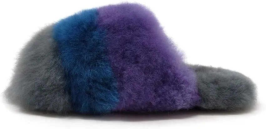 Women's Luxury 100% Baby Alpaca Fur Slippers, Striped, Open-Toe House Shoes