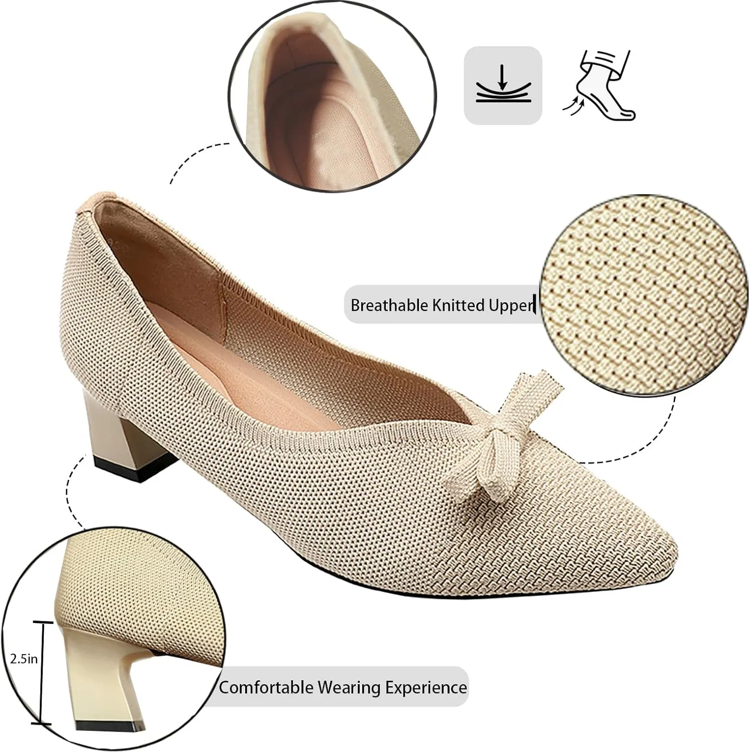 Women's Mesh Bow Low Chunky Heel Pumps Fashion Closed Pointed Toe Knit Slip-On Block Heels Dress Shoes for Wedding Party