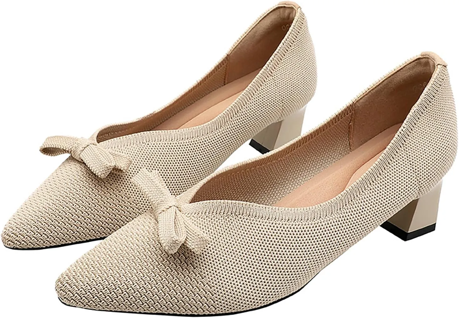 Women's Mesh Bow Low Chunky Heel Pumps Fashion Closed Pointed Toe Knit Slip-On Block Heels Dress Shoes for Wedding Party