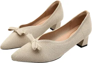 Women's Mesh Bow Low Chunky Heel Pumps Fashion Closed Pointed Toe Knit Slip-On Block Heels Dress Shoes for Wedding Party