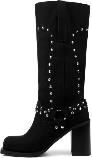 Women's Mid Calf Boots Motorcycle Biker Boots Studded Buckle Square Toe Pull On Block Heeled Booties Fashion Suede Riding Shoes for Women