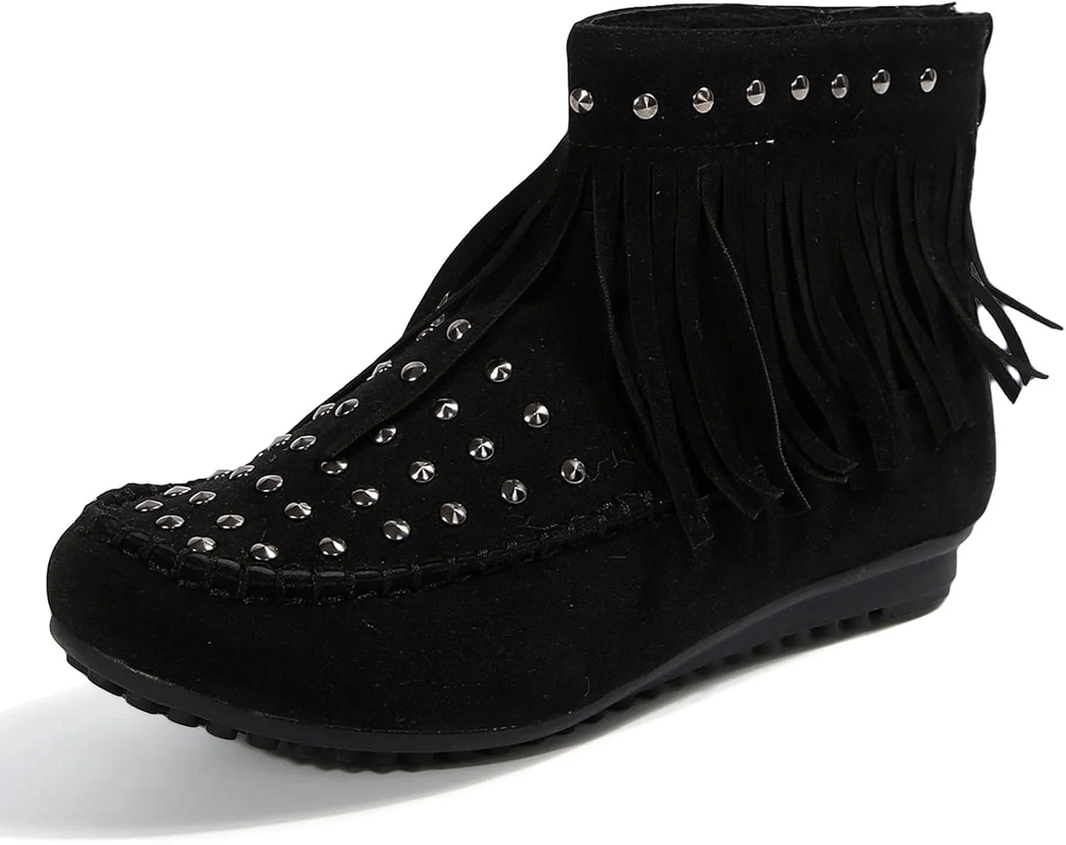 Womens Moccasins Fringe Ankle Boots Retro Suede Leather Tassel Studded Moccasins Shoes Non Slip Flat Heel Fall Winter Casual Fashion Booties with Zipper