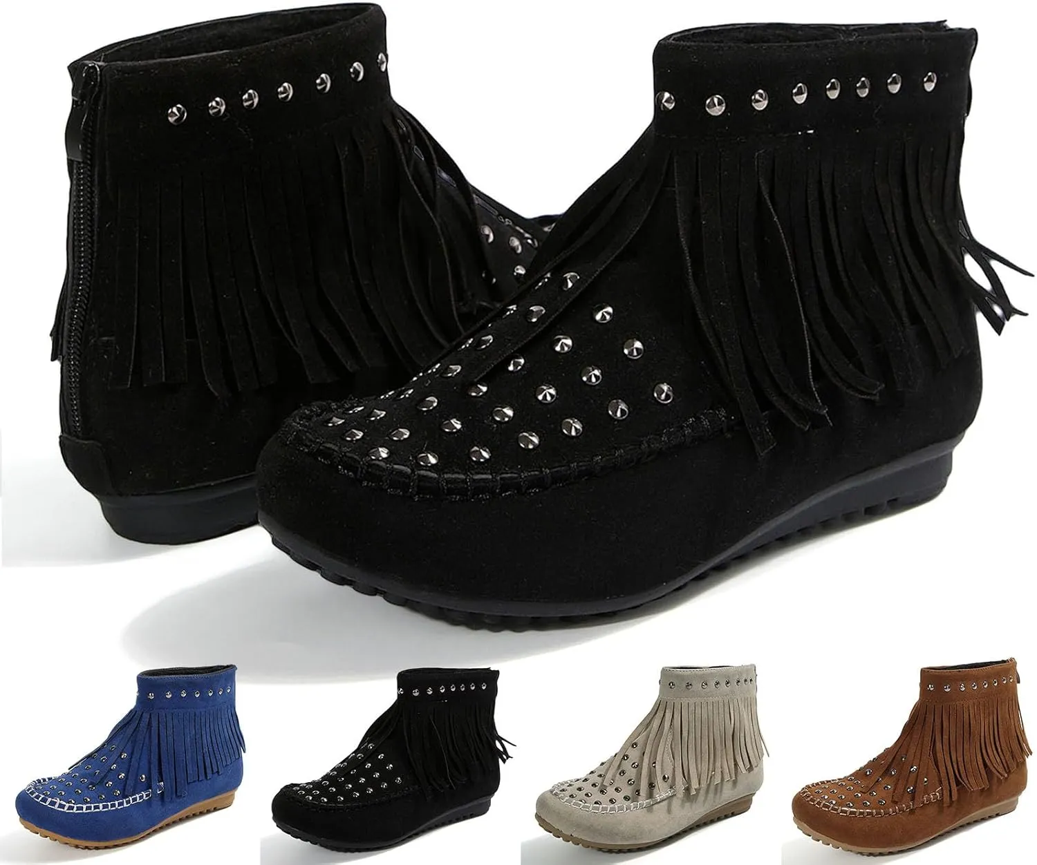 Womens Moccasins Fringe Ankle Boots Retro Suede Leather Tassel Studded Moccasins Shoes Non Slip Flat Heel Fall Winter Casual Fashion Booties with Zipper