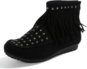 Womens Moccasins Fringe Ankle Boots Retro Suede Leather Tassel Studded Moccasins Shoes Non Slip Flat Heel Fall Winter Casual Fashion Booties with Zipper