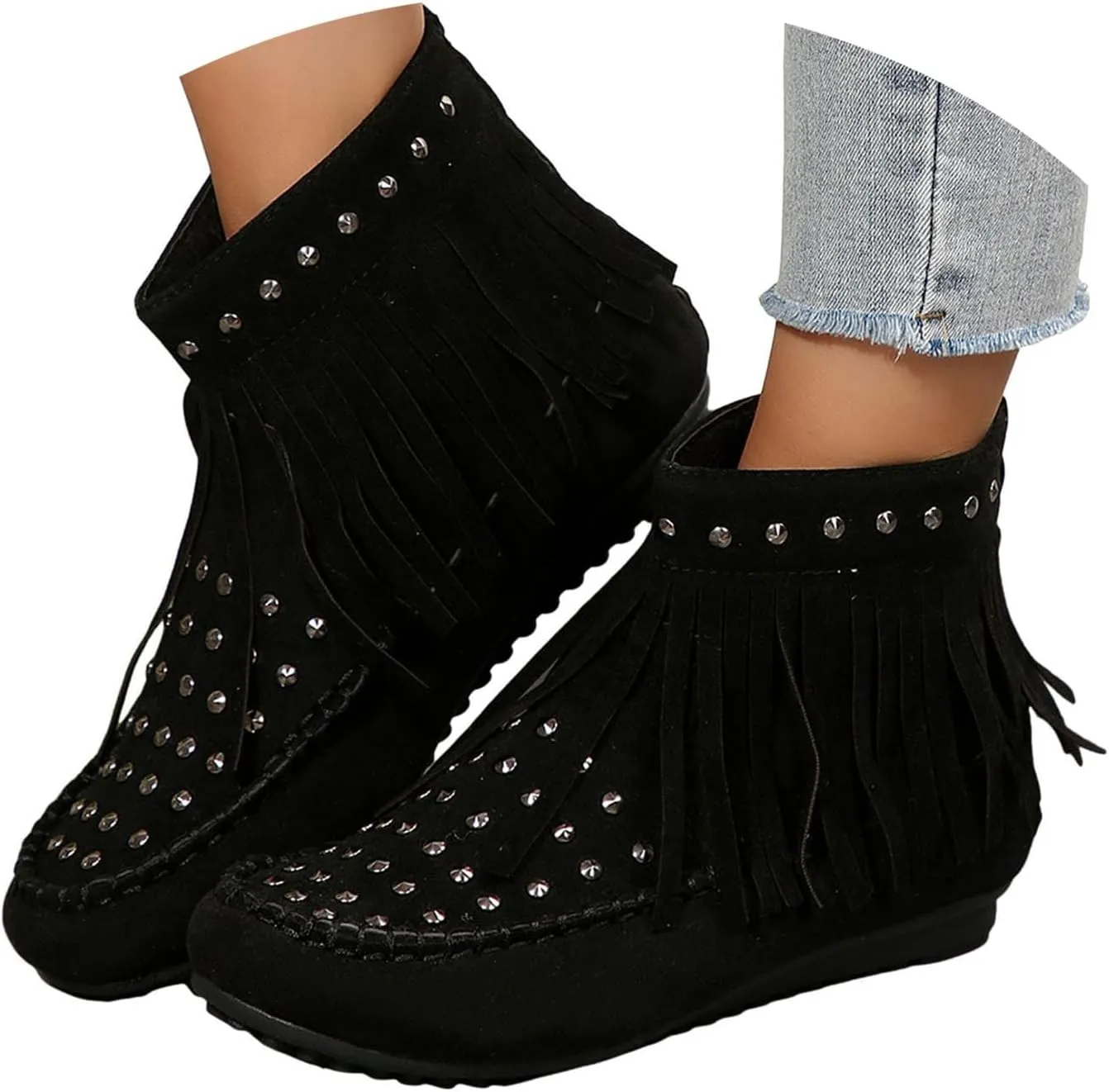 Womens Moccasins Fringe Ankle Boots Retro Suede Leather Tassel Studded Moccasins Shoes Non Slip Flat Heel Fall Winter Casual Fashion Booties with Zipper