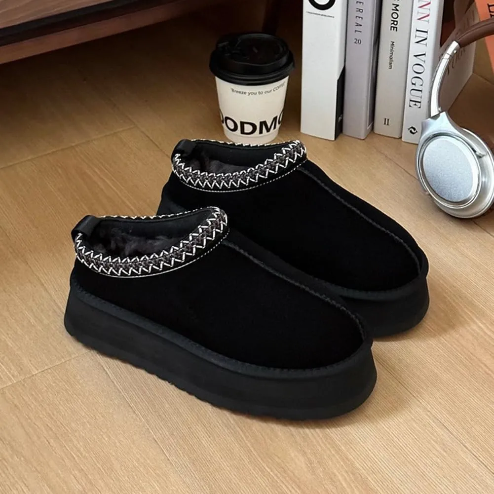 Women's Platform Mini Boots Slippers for Women Warm Fuzzy Slippers Fur Fleece Lined Slip on Suede Short Ankle Boots Outdoor Indoor Braid Slippers Anti Slip Trend