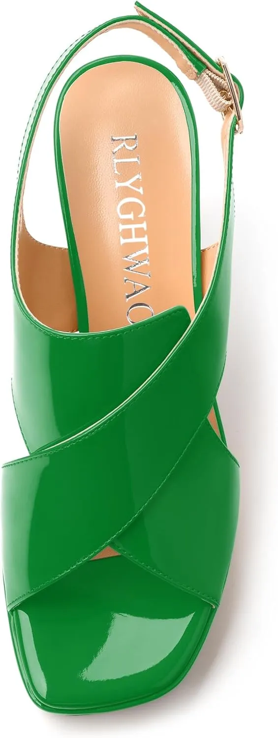 Women's Platform Sandals, Slingback Open Toe Buckle Heels for Women, Fashion Solid Patent High Heel Shoes 3.35 inch