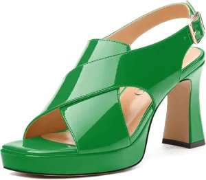 Women's Platform Sandals, Slingback Open Toe Buckle Heels for Women, Fashion Solid Patent High Heel Shoes 3.35 inch