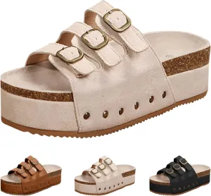 Women's Platform Slides Sandals with Arch Support,Womens Comfortable Summer Beach Sandals with Adjustable Buckle Open Toe Slip On Essentials Slides Footwear