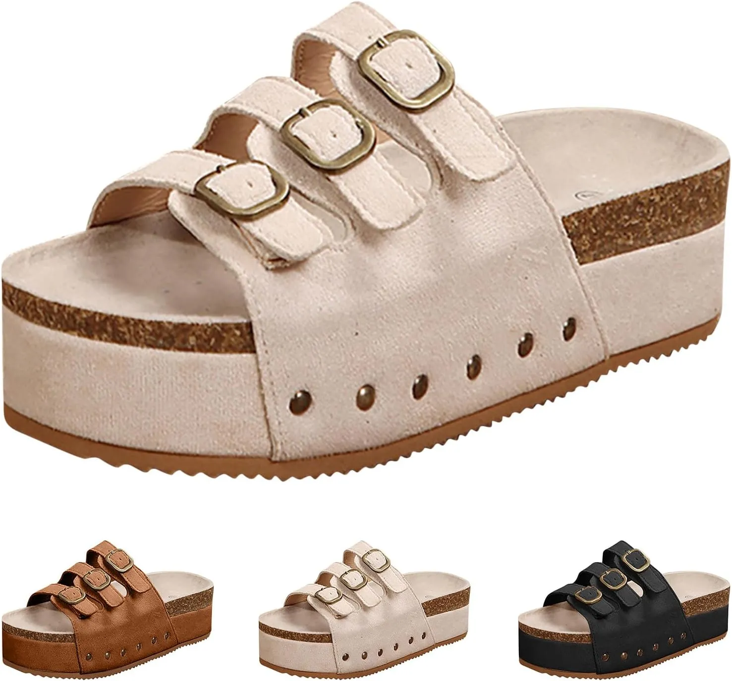 Women's Platform Slides Sandals with Arch Support,Womens Comfortable Summer Beach Sandals with Adjustable Buckle Open Toe Slip On Essentials Slides Footwear