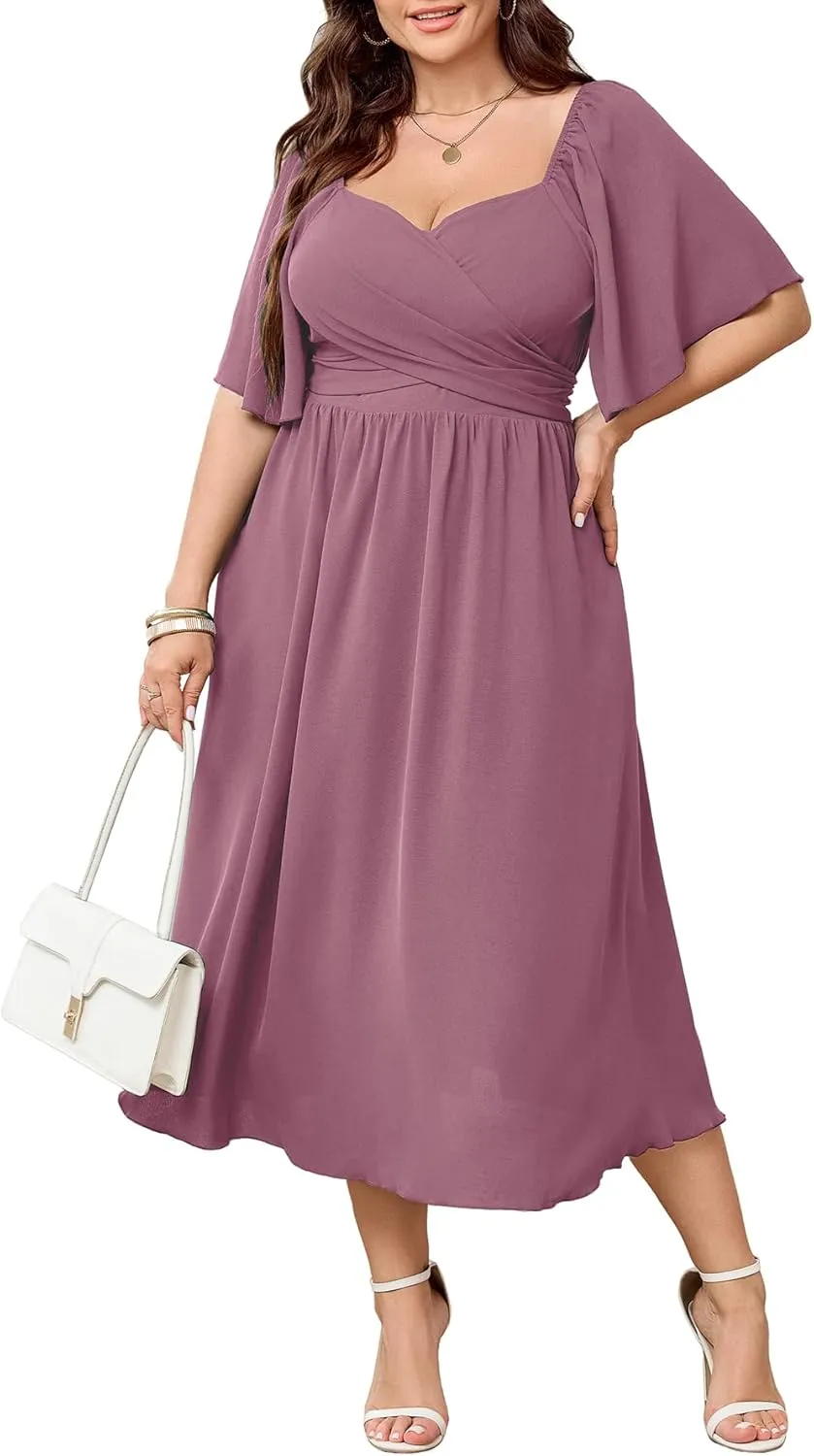 Women's Plus Size Midi Dress Sweetheart Neck Short Sleeve Wedding Guest Cocktail A Line Flowy Dress