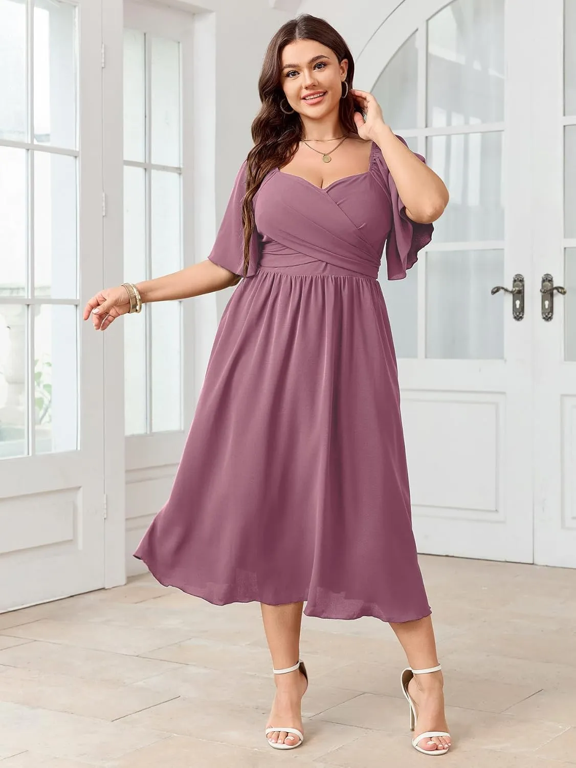Women's Plus Size Midi Dress Sweetheart Neck Short Sleeve Wedding Guest Cocktail A Line Flowy Dress