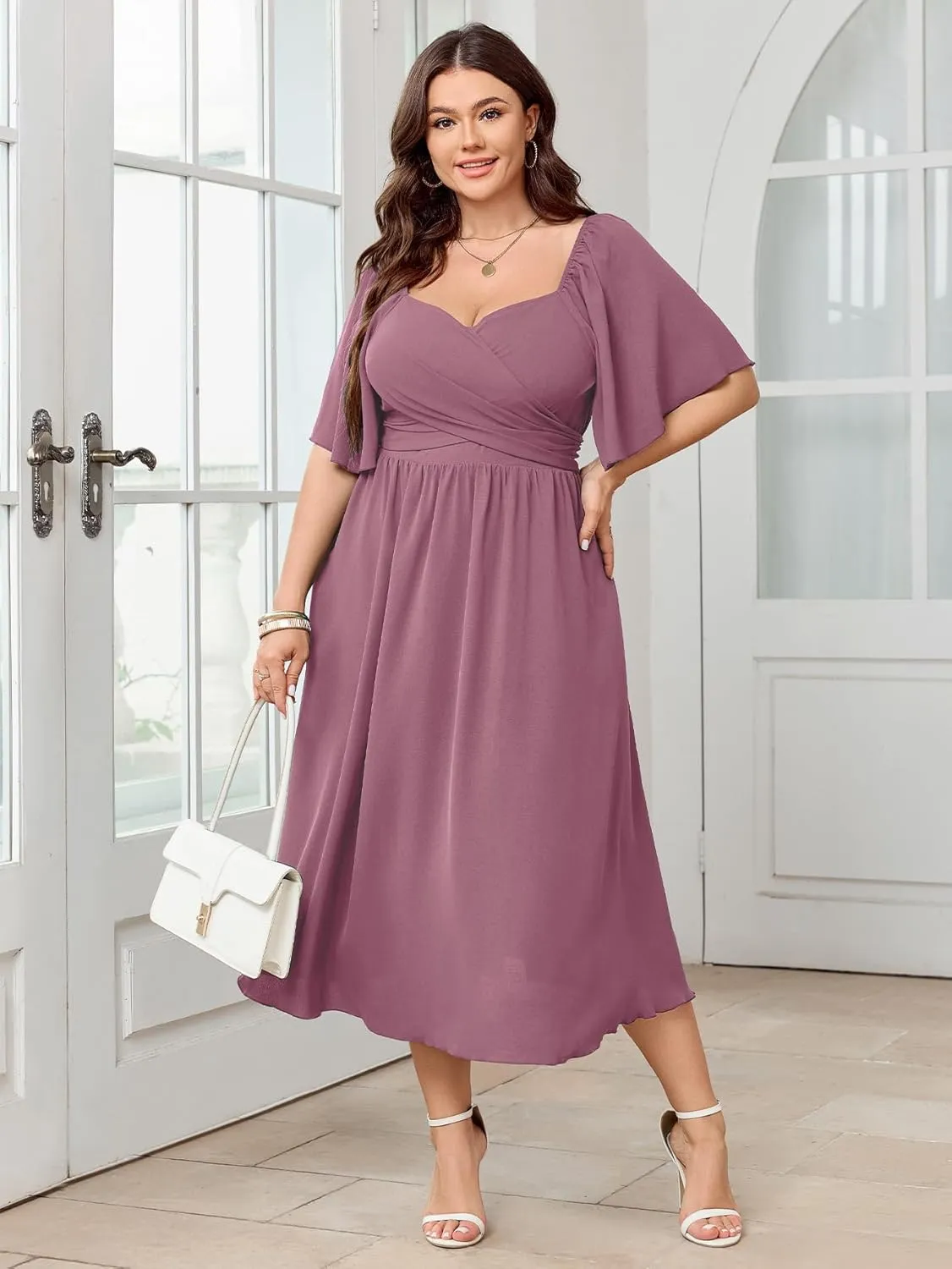 Women's Plus Size Midi Dress Sweetheart Neck Short Sleeve Wedding Guest Cocktail A Line Flowy Dress