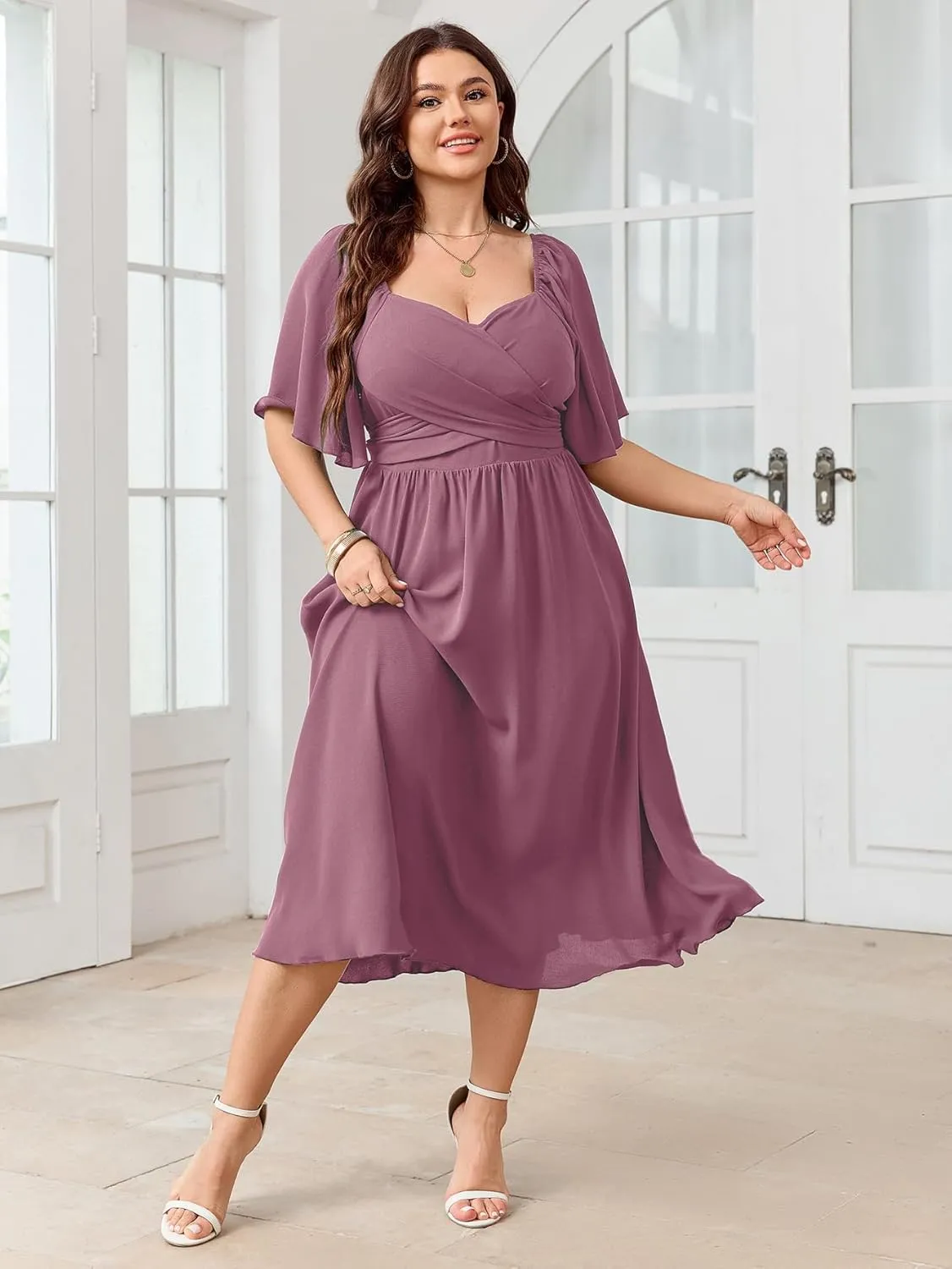 Women's Plus Size Midi Dress Sweetheart Neck Short Sleeve Wedding Guest Cocktail A Line Flowy Dress