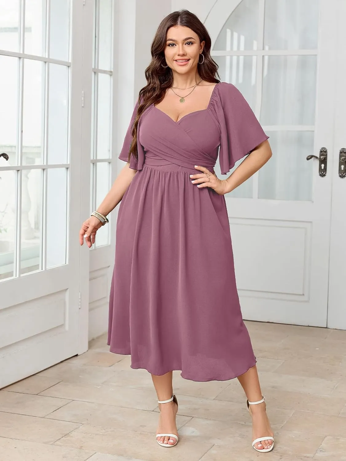 Women's Plus Size Midi Dress Sweetheart Neck Short Sleeve Wedding Guest Cocktail A Line Flowy Dress