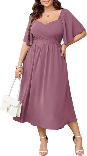 Women's Plus Size Midi Dress Sweetheart Neck Short Sleeve Wedding Guest Cocktail A Line Flowy Dress
