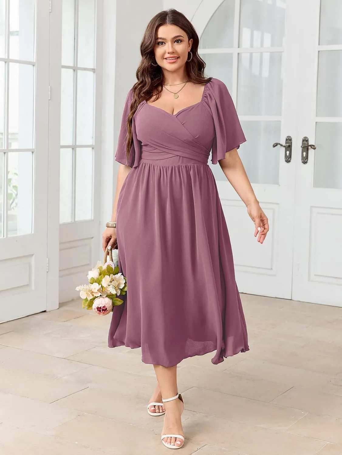 Women's Plus Size Midi Dress Sweetheart Neck Short Sleeve Wedding Guest Cocktail A Line Flowy Dress