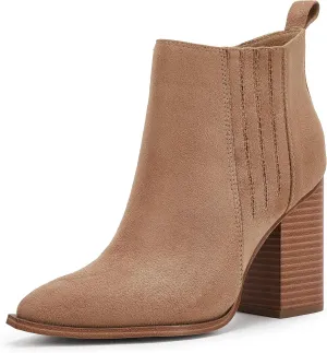 Womens Pointed Toe Slip on Ankle Booties Stacked Mid Block Heel Shoes Faux Leather Boots