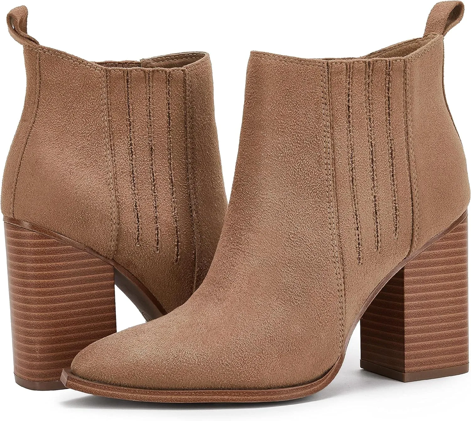 Womens Pointed Toe Slip on Ankle Booties Stacked Mid Block Heel Shoes Faux Leather Boots