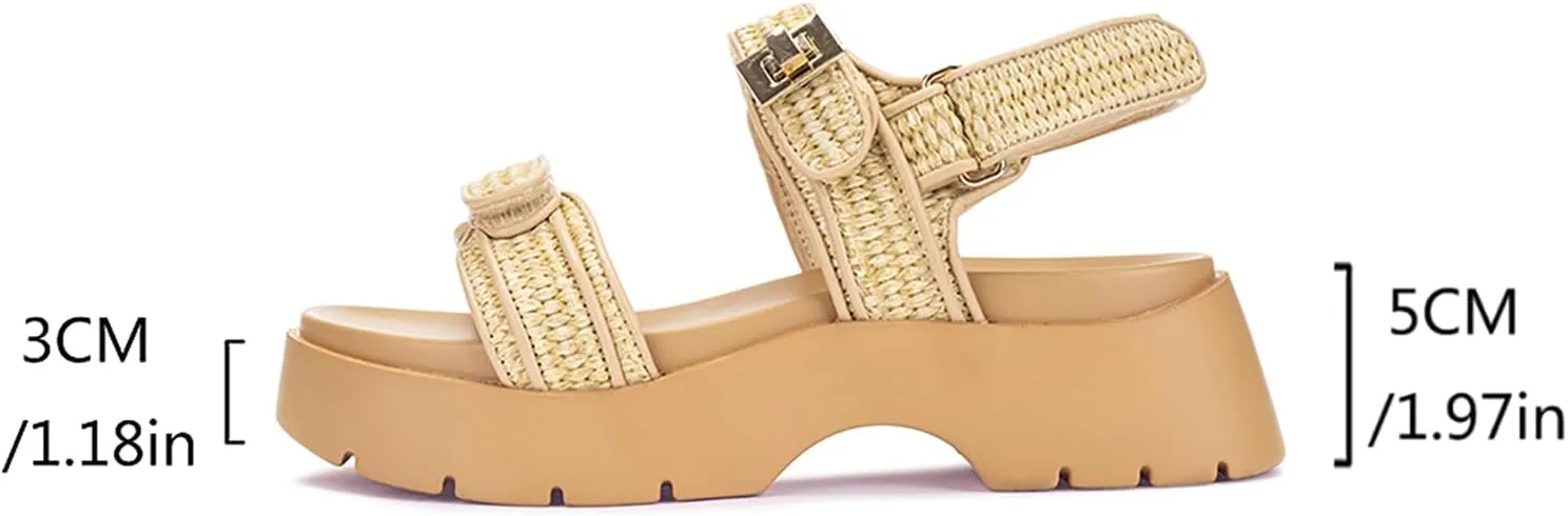 Women's Raffia Platform Sandals Adjustable Double Buckle Strap Open Toe Slingback Summer Beach Sandals Thick Sole