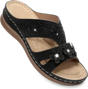 Women's Rhinestone Bohemian Slide Sandals Dressy, Slip On Comfortable Wedge Platform Shoes for Summer