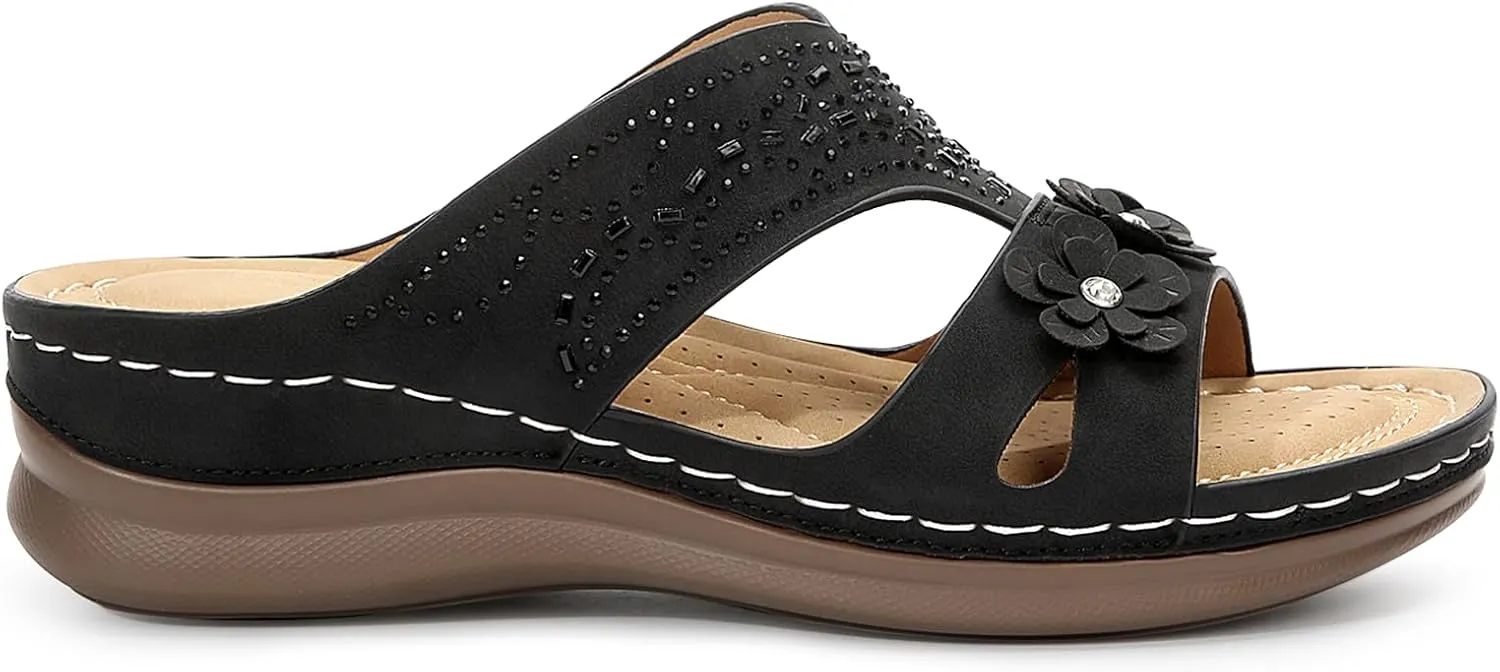 Women's Rhinestone Bohemian Slide Sandals Dressy, Slip On Comfortable Wedge Platform Shoes for Summer