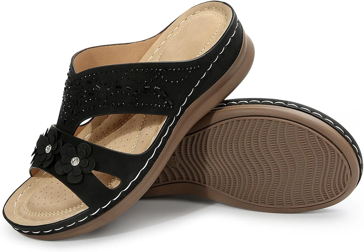 Women's Rhinestone Bohemian Slide Sandals Dressy, Slip On Comfortable Wedge Platform Shoes for Summer