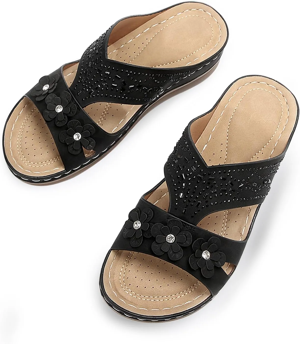 Women's Rhinestone Bohemian Slide Sandals Dressy, Slip On Comfortable Wedge Platform Shoes for Summer
