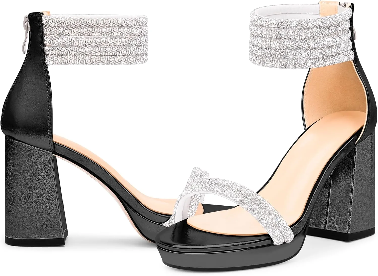 Women's Rhinestone Platform Chunky High Heeled Sandals Open Toe Ankle Strap Sexy Wedding Dress Shoes