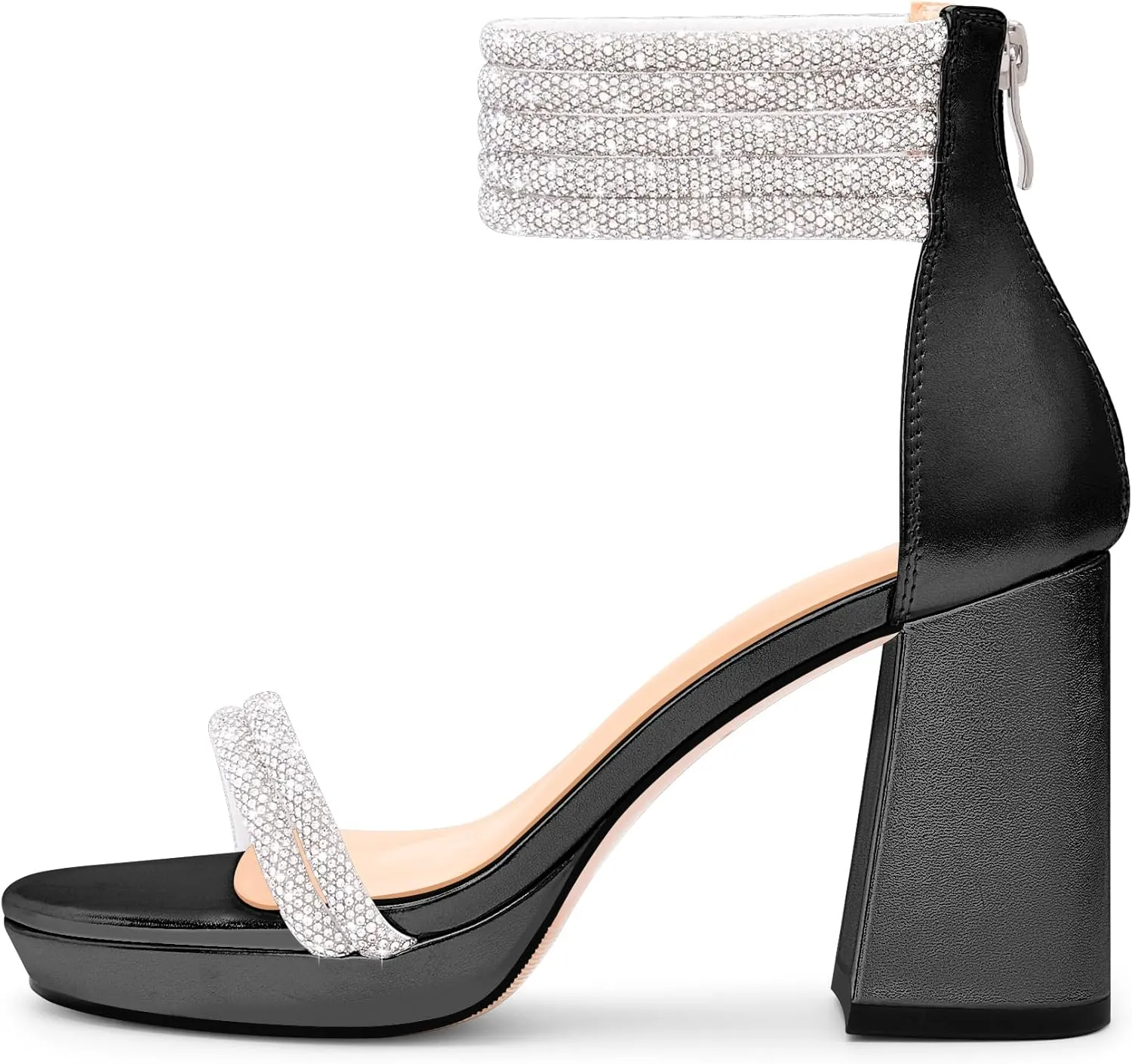 Women's Rhinestone Platform Chunky High Heeled Sandals Open Toe Ankle Strap Sexy Wedding Dress Shoes
