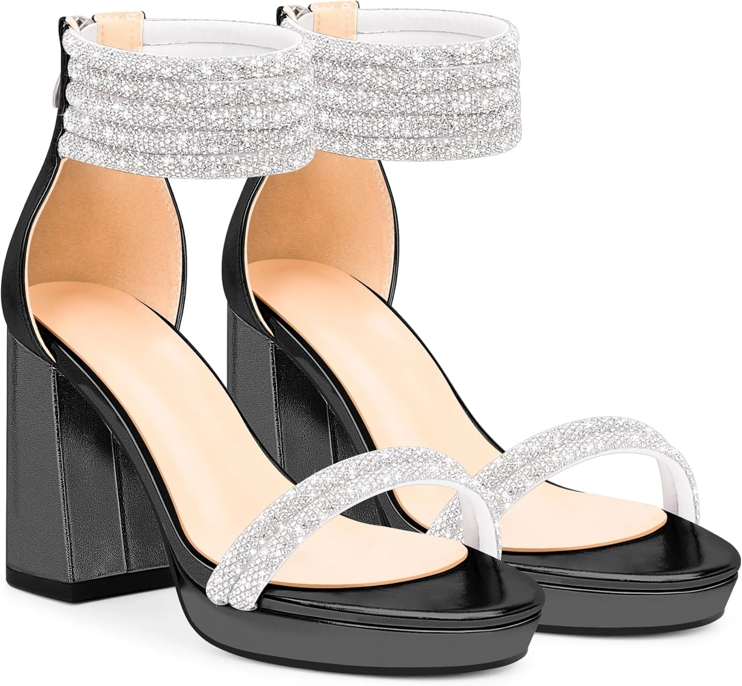 Women's Rhinestone Platform Chunky High Heeled Sandals Open Toe Ankle Strap Sexy Wedding Dress Shoes