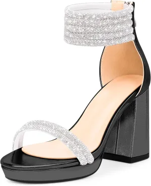 Women's Rhinestone Platform Chunky High Heeled Sandals Open Toe Ankle Strap Sexy Wedding Dress Shoes