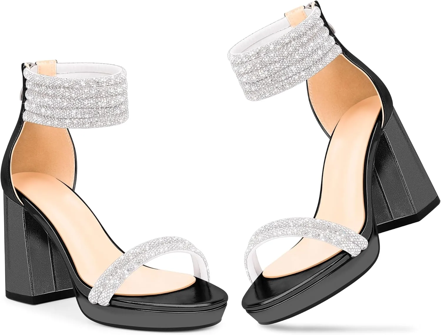 Women's Rhinestone Platform Chunky High Heeled Sandals Open Toe Ankle Strap Sexy Wedding Dress Shoes
