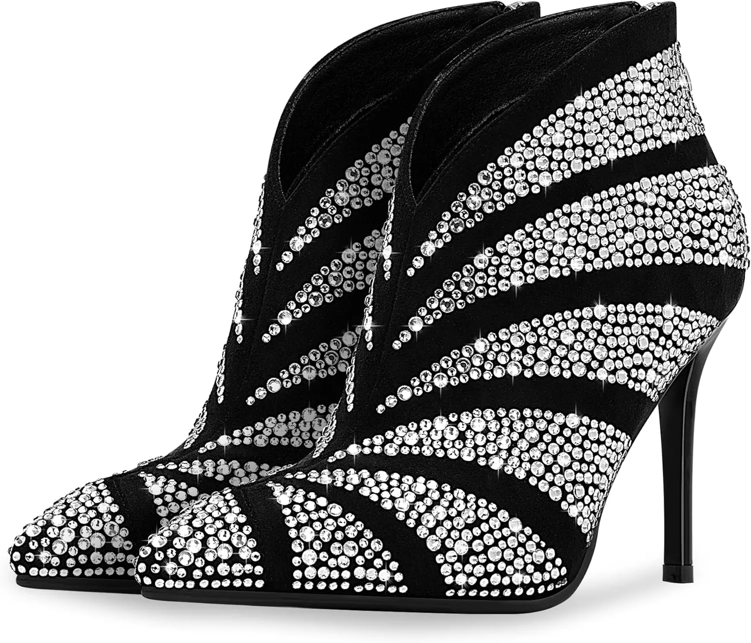 Women's Rhinestone Pointed Toe Stiletto High Heel Ankle Boots Suede Dress Booties