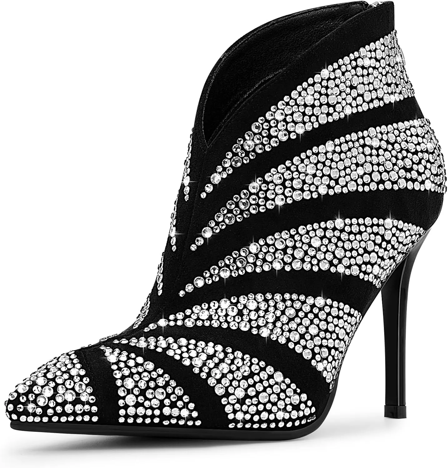 Women's Rhinestone Pointed Toe Stiletto High Heel Ankle Boots Suede Dress Booties