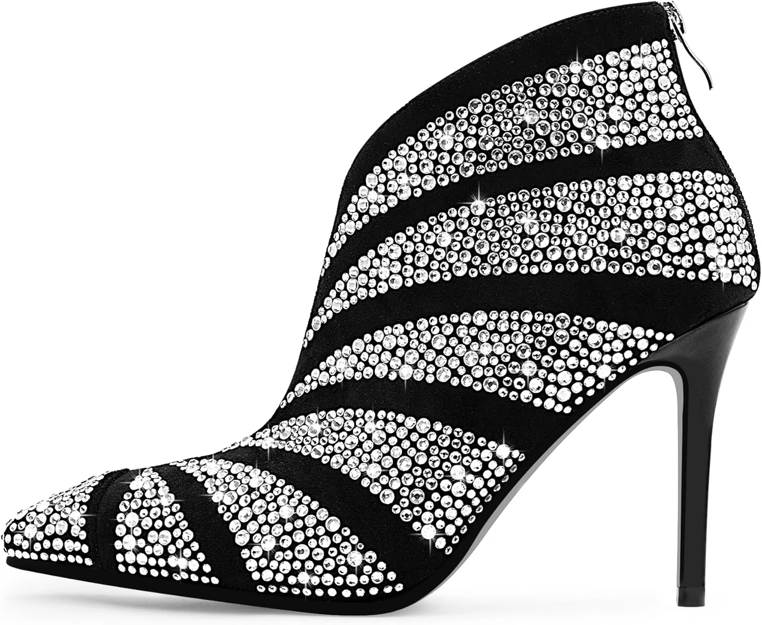 Women's Rhinestone Pointed Toe Stiletto High Heel Ankle Boots Suede Dress Booties