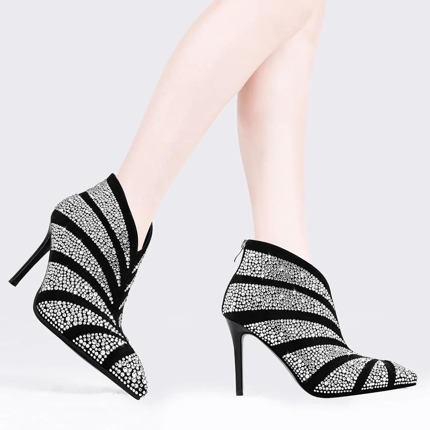 Women's Rhinestone Pointed Toe Stiletto High Heel Ankle Boots Suede Dress Booties