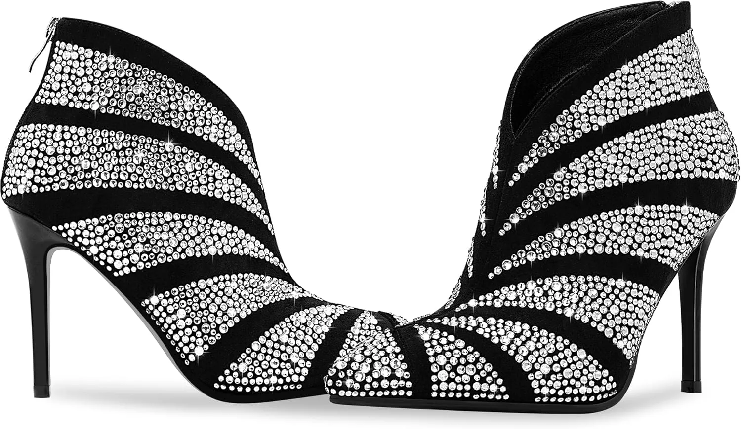 Women's Rhinestone Pointed Toe Stiletto High Heel Ankle Boots Suede Dress Booties