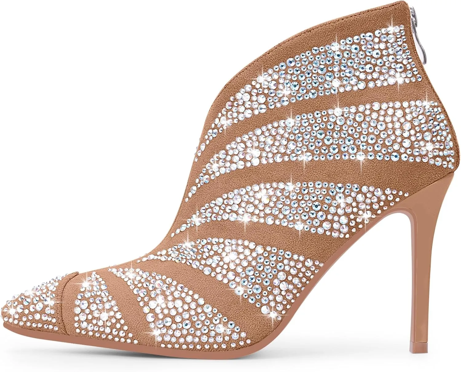 Women's Rhinestone Pointed Toe Stiletto High Heel Ankle Boots Suede Dress Booties