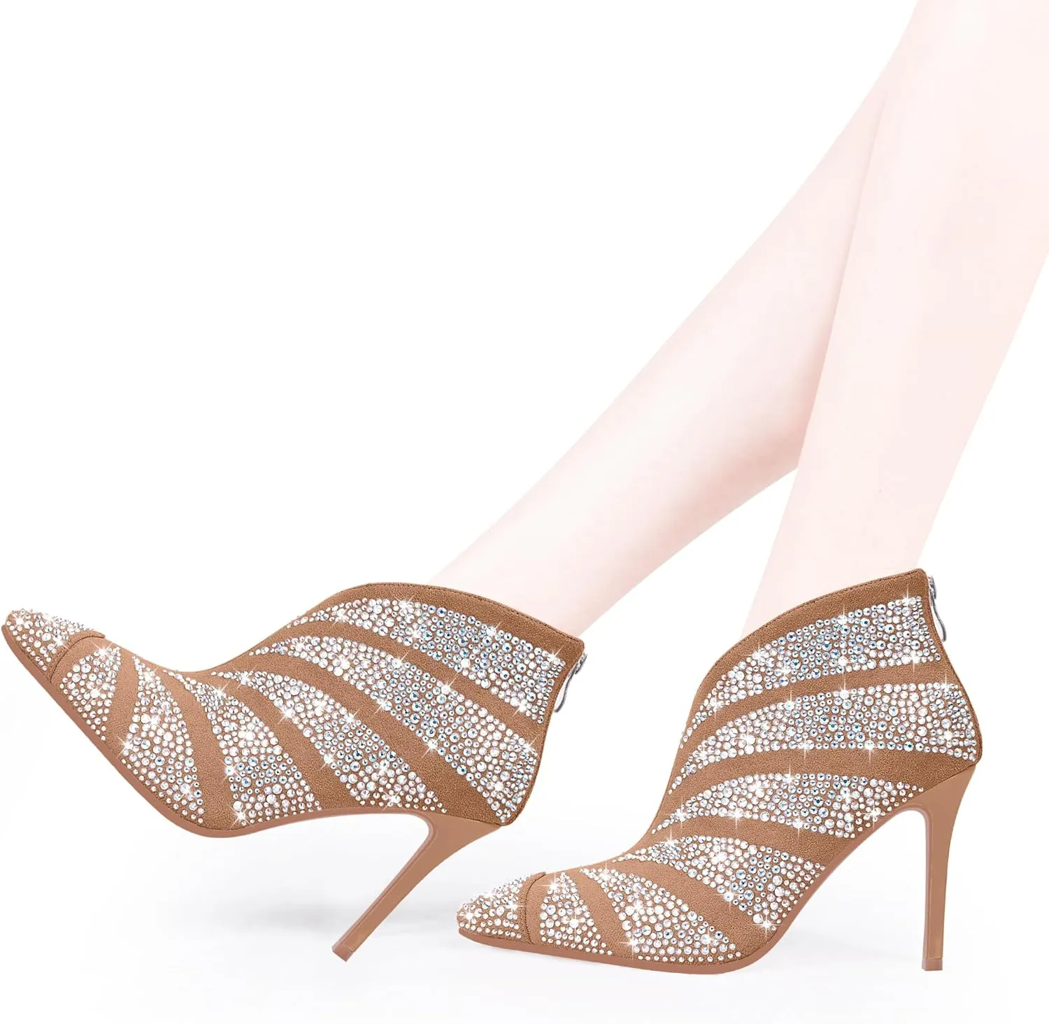 Women's Rhinestone Pointed Toe Stiletto High Heel Ankle Boots Suede Dress Booties