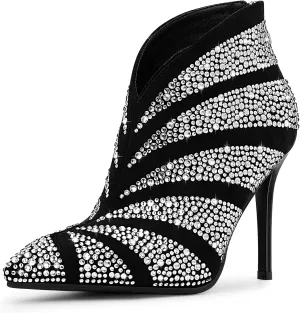 Women's Rhinestone Pointed Toe Stiletto High Heel Ankle Boots Suede Dress Booties