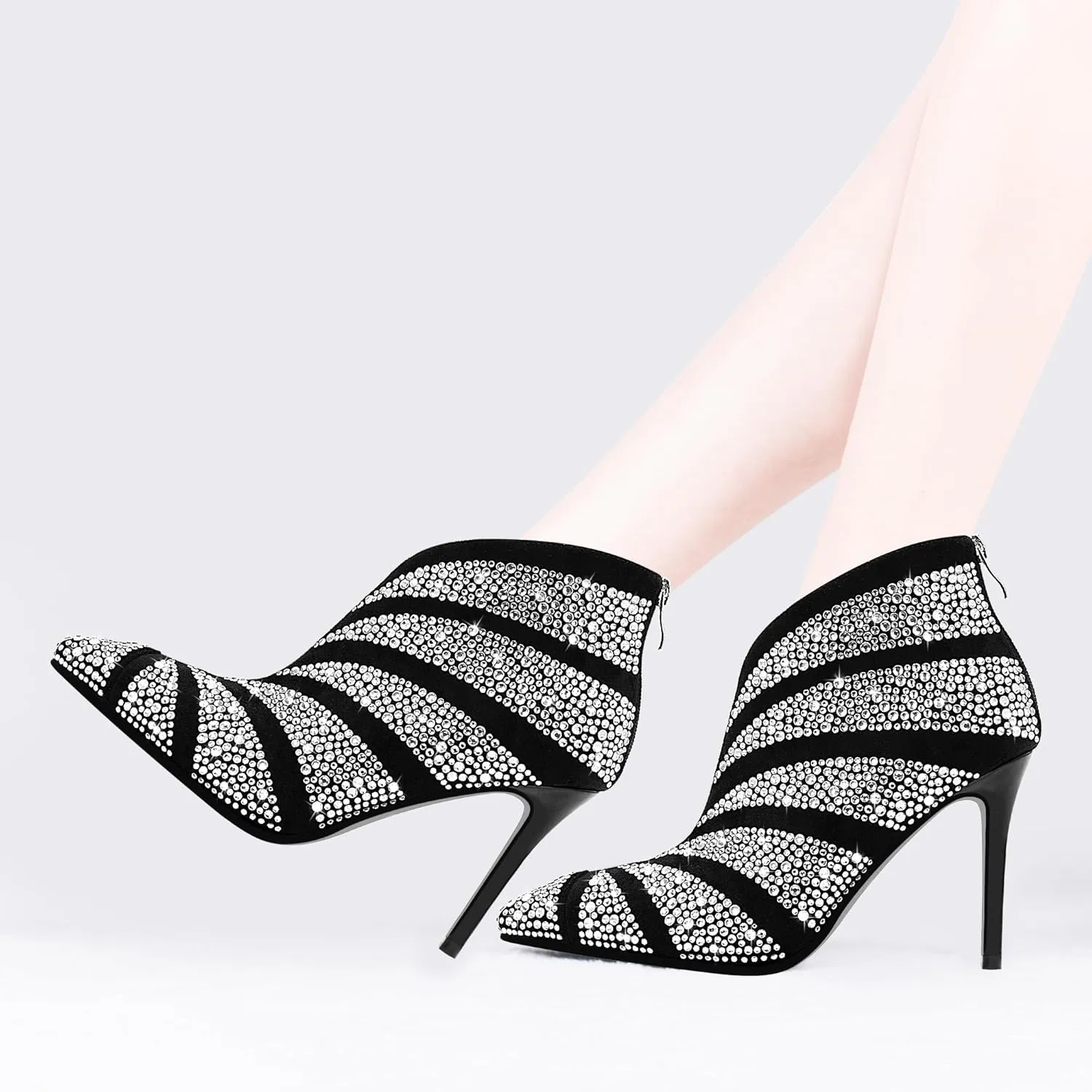 Women's Rhinestone Pointed Toe Stiletto High Heel Ankle Boots Suede Dress Booties